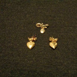 ROMANTIC PAST VINTAGE GOLDTONE HEART EARINGS & BOW LOCKET PIN SM SIZE